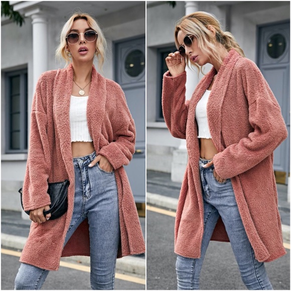 fall camel teddy cozy jacket cardigan open front - Picture 3 of 6